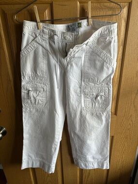 White womens Cargo Capri Pants - Casual Drawstring Waist